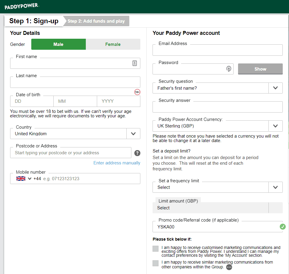 paddy power registration