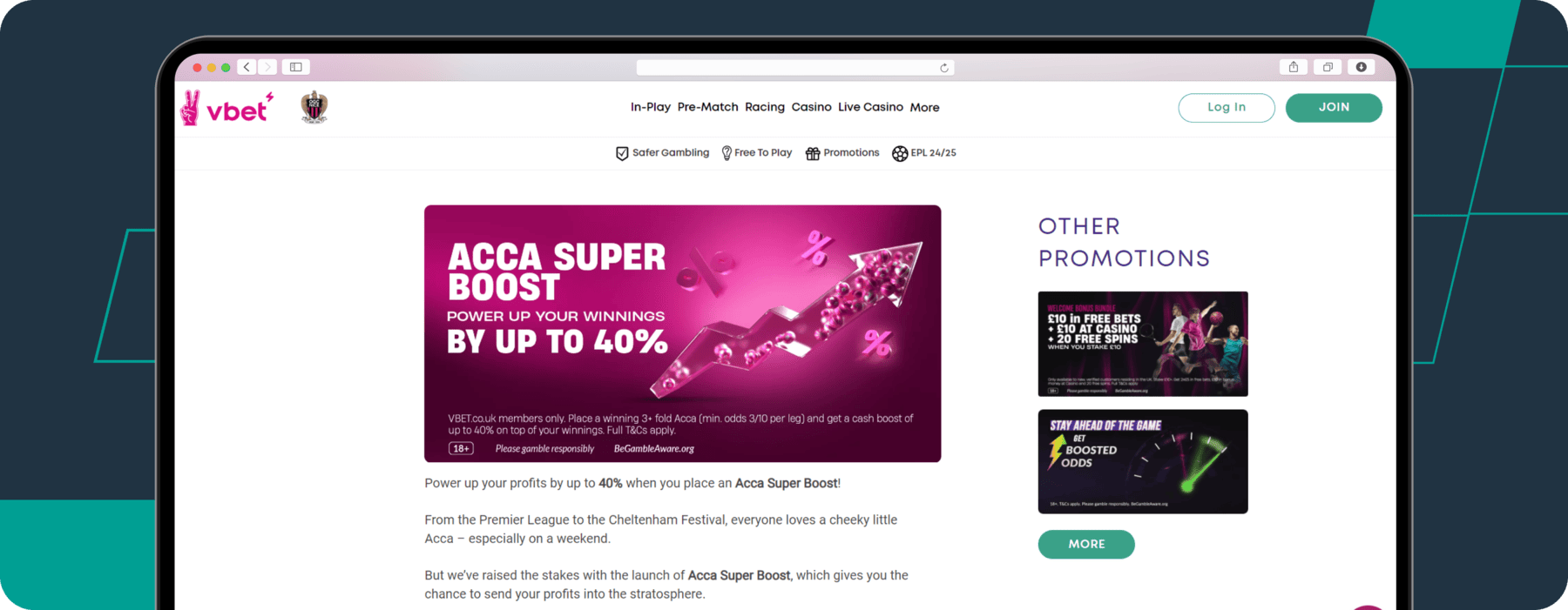 screenshot of vbet acca super boost offer